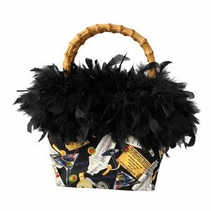 Black Feather Trim Bamboo Handle Cocktail Novelty Purse Evening Bag